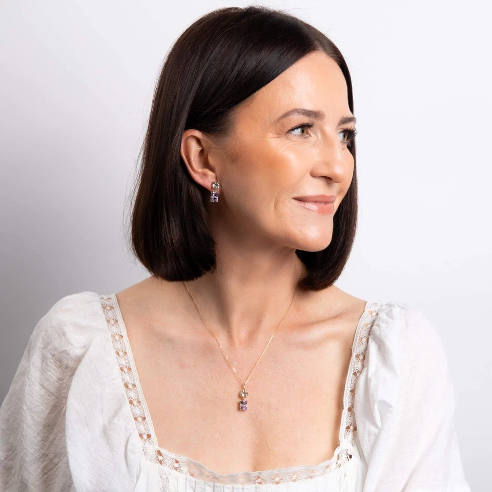 Cuarzo & Amatista Colgante & Juego de Pendientes 9ct Oro Amarillo 375 Contraste - Imagen 3 de 4