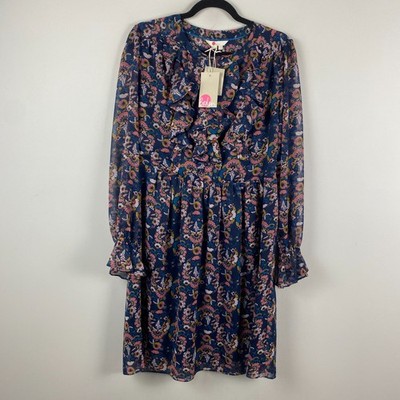 Boden Amalie Floral Print Ruffle Dress US Size 10 Long Sleeve Blue W0239