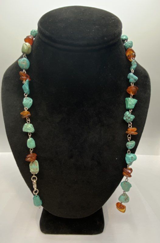 Sterling Silver Turquoises & Amber Beaded Necklace 28.2g