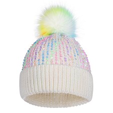 KDVOG Kids Winter Knit Hat with Pompom - Sparkly 3-8 Years, Sequin-white