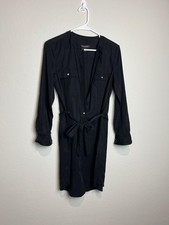 Banana Republic Shirt Dress Womens 4 Petite Black Belted V Neck Knee Length