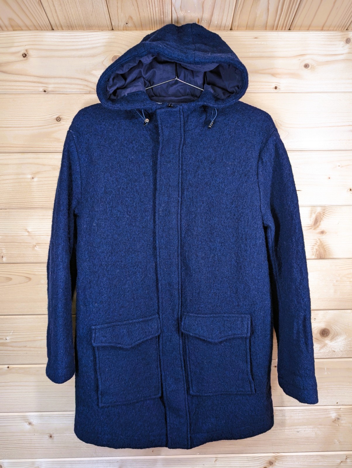 Woolovers Womens Small Blue 100% Wool Hooded Duffle Coat with Full Zip and Pockets