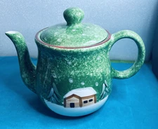 Vintage The Cellar Macy’s Log Cabin 1998 Hand Painted Teapot CHRISTMAS