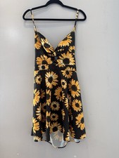 SHEIN Sunflower Floral Mini Dress Womens XL Black Yellow Tie Back Spaghetti Strp