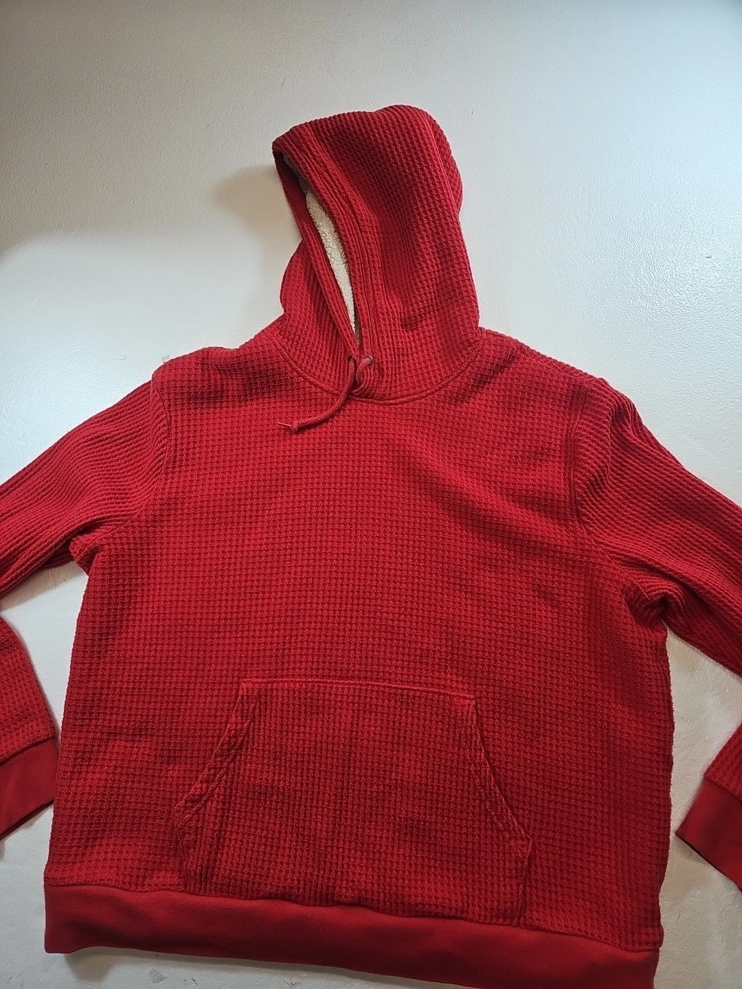 Old Navy Mens XL Sherpa Lined Waffle Knit Hoodie Red Thermal Pullover