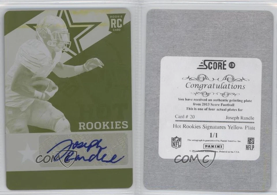 2013 Score Printing Plate Yellow Signatures 1/1 Joseph Randle #20 Auto RC 0o9 - Image 3 of 3