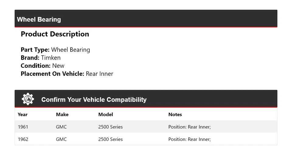 Para 1961-1962 GMC 2500 Series rolamento de roda traseiro interno Timken - Imagem 2 de 4