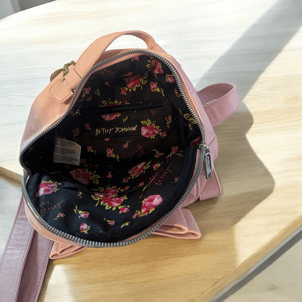 Betsey Johnson Blush Pink Heart-Embossed Mini Backpack Betsy Johnson Pink Embossed Flowers and Bow Backpack Silver  main image 3