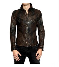 Mens Leather Shirt Real Lambskin Soft Slim Fit Shirt Brown Waxy Leather Jacket