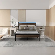 Full size Industrial Style Platform Bed Wood Headboard No Box Spring Non-Slip