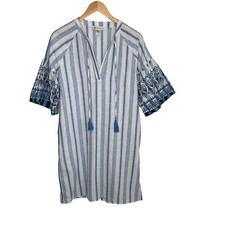 Neiman Marcus Linen Blend Embroidered Stripe Shift Dress Sz Medium Fringe Tassel