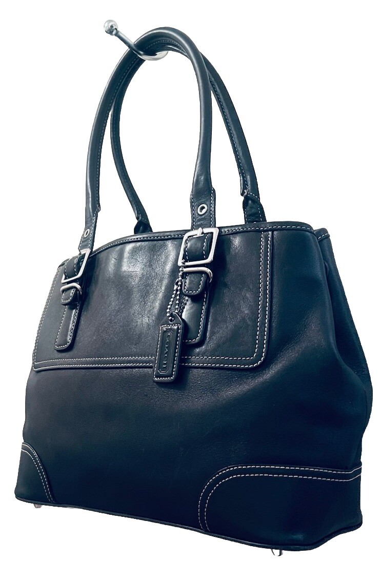 トートバッグ y COACH HAMPTON SATCHEL TOTE BAG BLACK LEATHER SILVER HANG TAG BASE