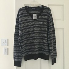 NWOT Daniel Cremieux Gray Blue Striped Pattern Merino Wool V-Neck Sweater size L