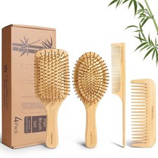 Natural Wooden Bamboo Hair Brush and Wide Tooth Comb Set for Hair Growth