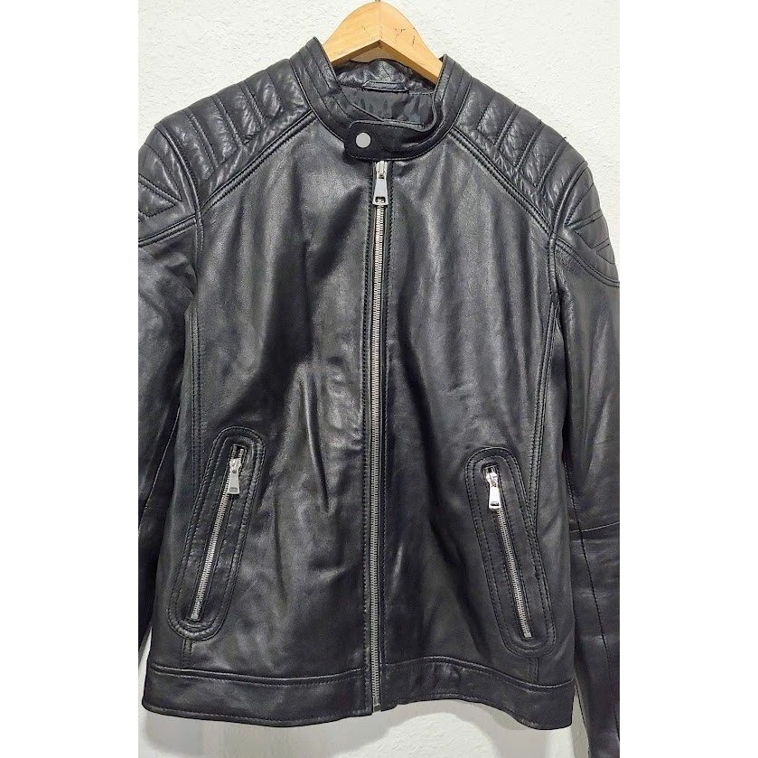 Chaqueta de motociclista de cuero negra Zara para hombre hombros acolchados para hombre talla M Foto 4 de 4