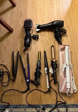 8 Hair Tools Lot- Curling Irons/Straighteners, Blow Dryer, Curl Formers stand.