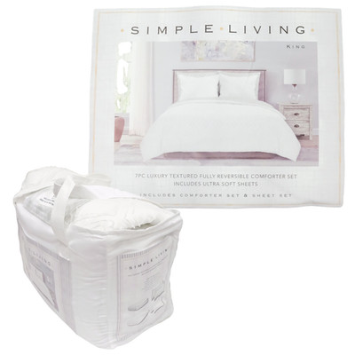 SIMPLE LIVING 7pc KING SIZE Luxury WHITE Textured Reversible Comforter Set