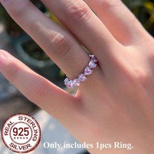 Romantic Pink Heart Cubic Zirconia Wedding Band Rings Sterling Silver Women Gift