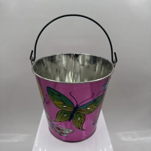 Vintage J. Chein & Co Tin Lithograph Sand Pail Bucket Pink Butterflies 6" Inches