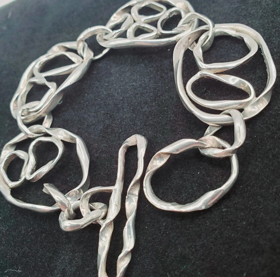 Bracelete pesado 37g 925 prata esterlina abstrato elos artesanais 8" estilo modernista - Imagem 4 de 4