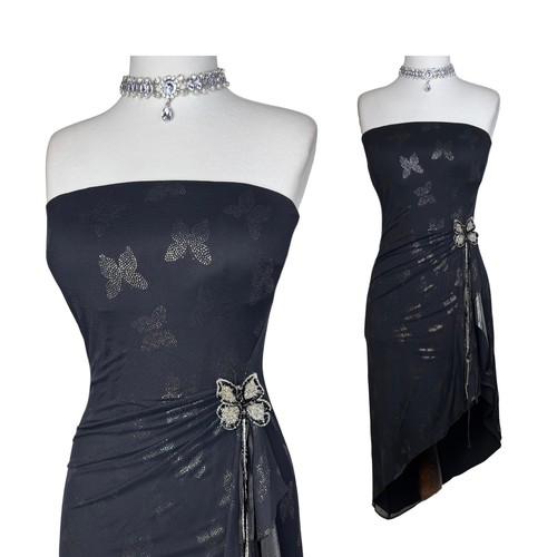 Vintage Y2K Butterfly Print Strapless Asymmetrical Midi Dress Beaded Butterfly