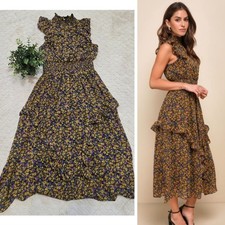 Lulus Evalina Yellow Floral Print Mock Neck Ruffle Midi Dress, Size Medium