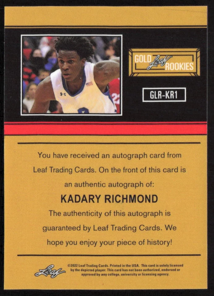 2021-22 Leaf 1991 Base Auto Bronze Kadary Richmond #GLR-KR1 - Image 2 of 2