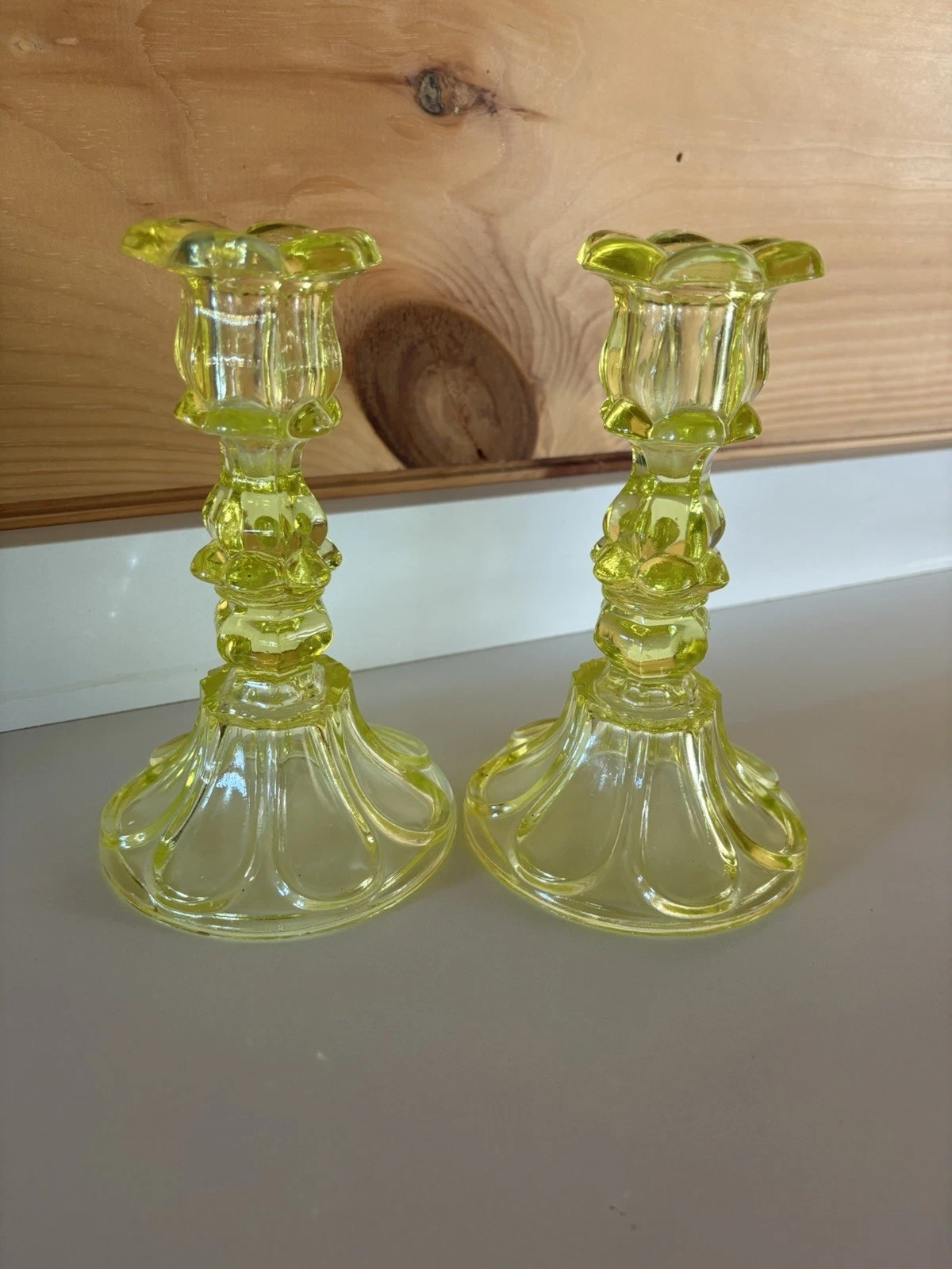Antique C. 1850 Pressed Boston Sandwich Glass Canary Candlestick 7” Pair RARE