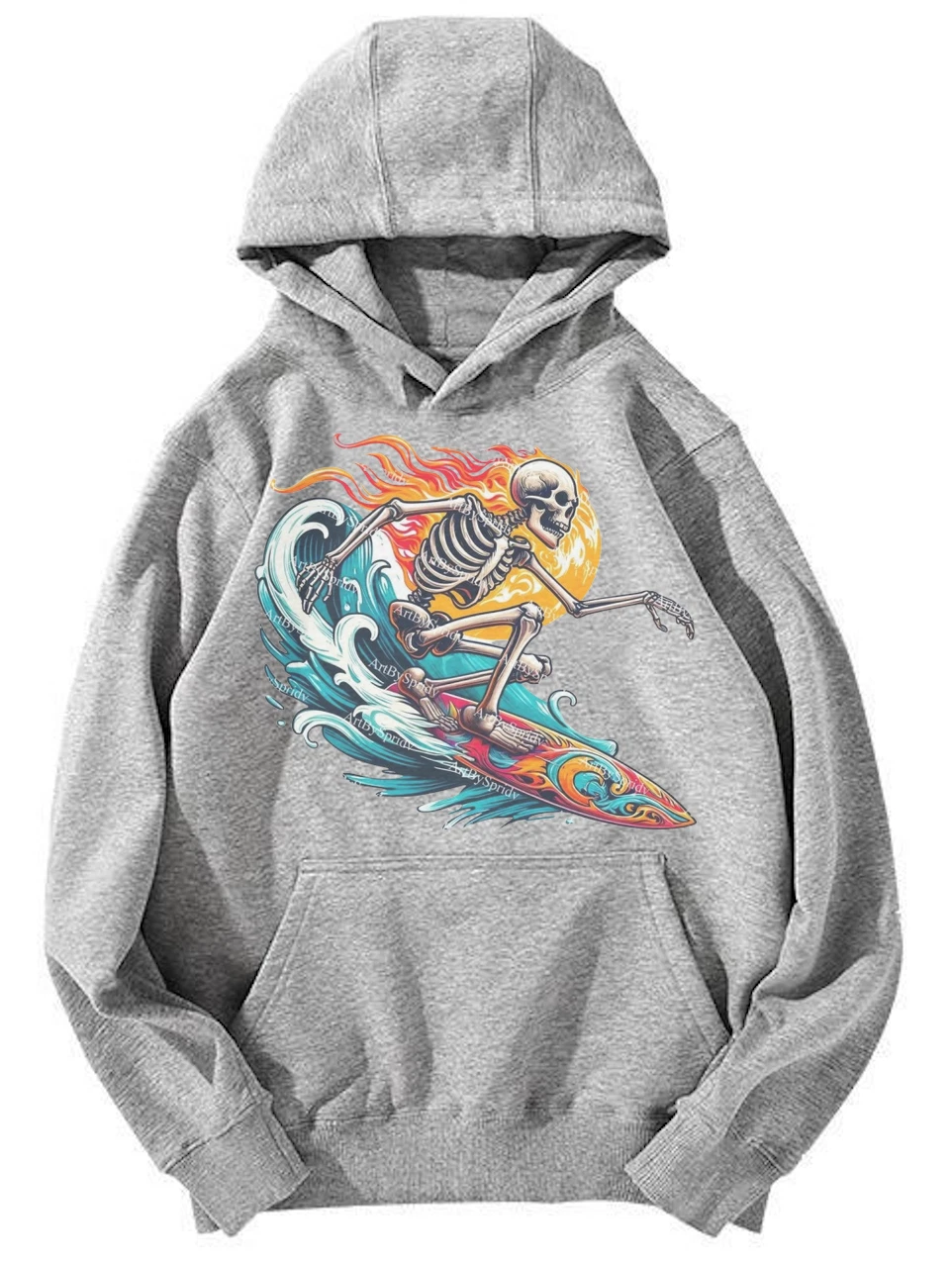 Skeleton Surfing Fiery Wave Graphic Hoodie