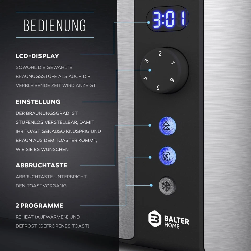 Balter Toaster 4 Scheiben Langschlitz Edelstahl Brötchenaufsatz LCD 1500W Silber - Bild 3 von 4