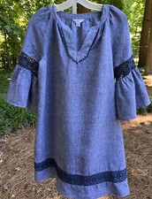 Crown and Ivy Size PS 100% Linen Dress Women’s Blue V Neck Bell Sleeves Boho