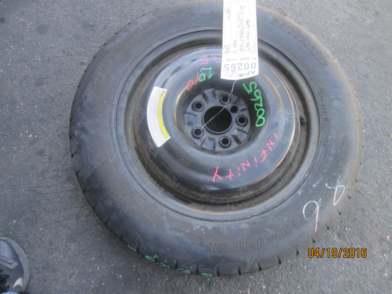 INFINITI EX35 EX37 QX50 SPARE TIRE WHEEL RIM OEM USED STOCK 20102015