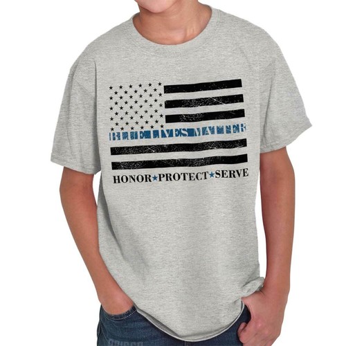 Thin Blue Line Flag Lives Matter Patriotic Youth Crewneck T Shirts Boy or Girl - Picture 6 of 6