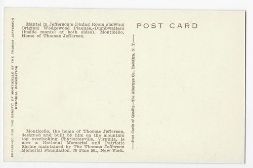 Monticello VA Thomas Jefferson Esszimmer Mantel Albertype Vintage Postkarte - Bild 2 von 2
