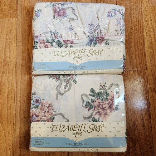 VTG Elizabeth Gray VICTORIA Full Flat/Fitted Sheet Set Floral Lace Percale New - Picture 5 of 18