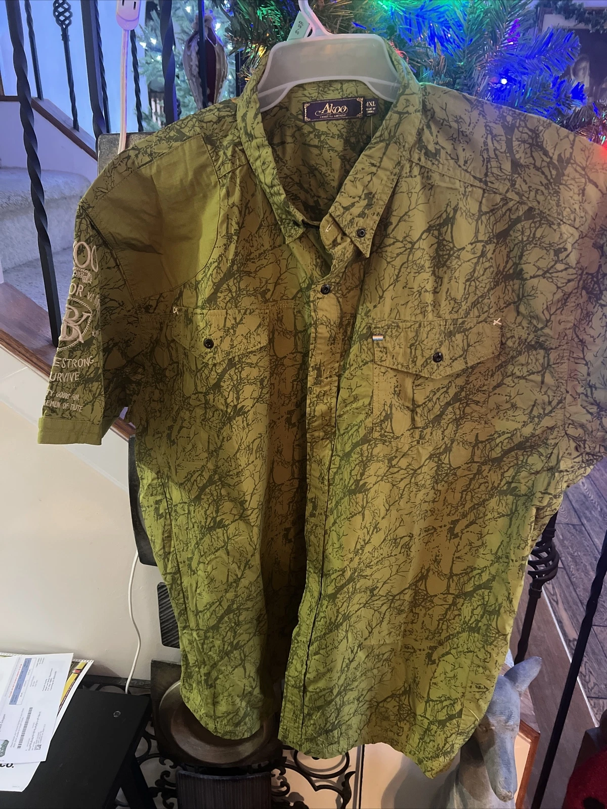 Akoo Men's Size 4X Green Button Front Embroidered Hiking Fishing Shirt - New