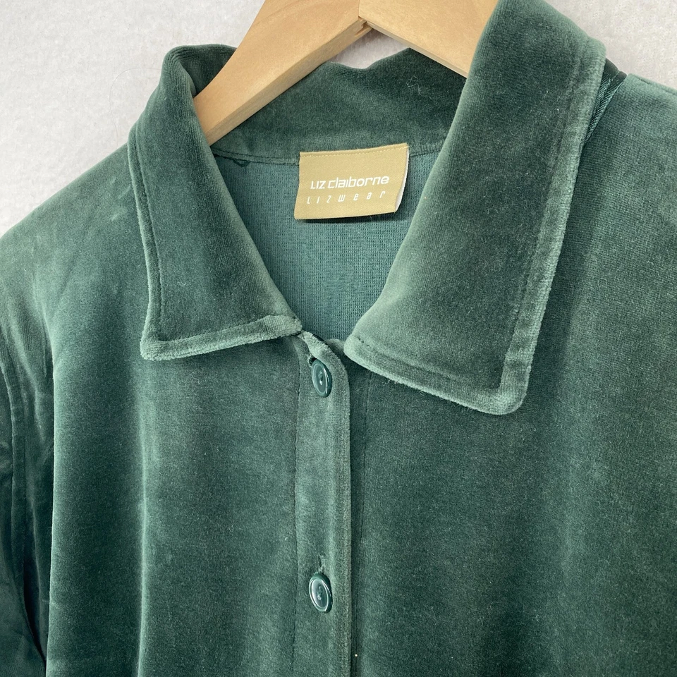 LIZ CLAIBORNE Shirt L Velour Button Up 3/4 Sleeve Tunic Collared Green - Изображение 2 из 4