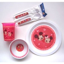 5pc Dining Set Plate Bowl Cup Spoon Fork Disney Mickey  Minnie Red Hearts NEW