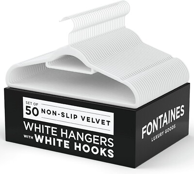 White Velvet Felt Non Slip Clothes Hangers 50 Pack - Ultra Slim & Space Saving