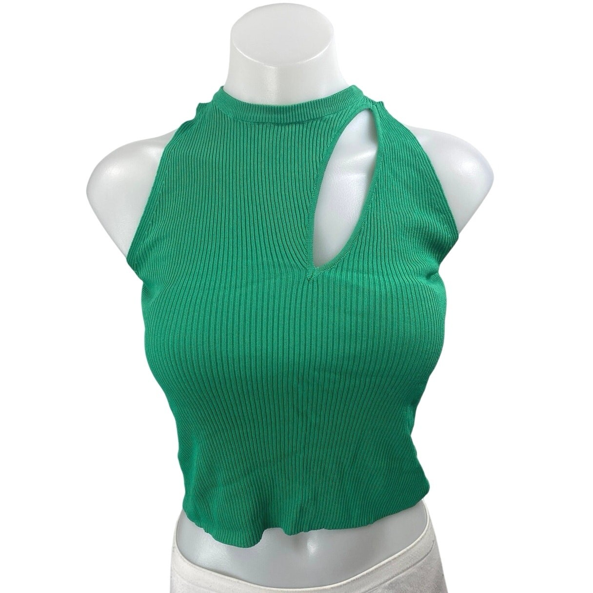 Zara Women's Green Rib Knit Cutout Sleeveless High Neck Raceback Crop Tank Top S