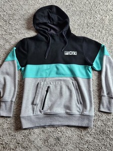 FXR Womens Stripe Pullover Hoodie Teal Gray Black Size Medium EUC Zipper Pocket