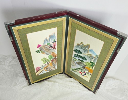 Vintage Chinese Silk Embroidery Folding Tabletop Screen-Mountain Village Scenes - Picture 8 of 14