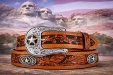 Justin USA Belt 5 STAR RANCH CONCHO Size 32 List 74 NWT C12424 Rodeo Texas