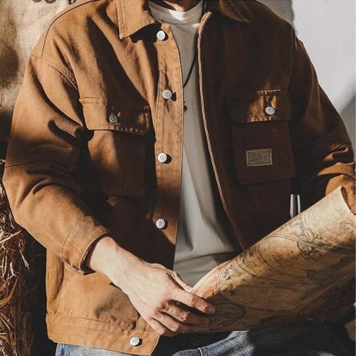 Herren Cargo Jacke Mit Umlegekragen In Kamel Farbe Langarm Polyester Freizeit - Bild 6 von 13