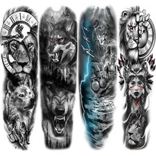 Lion Wolf Temporary Tattoo Sleeve, Large Full Arm Animal Tribal Fake Tattoos Sle