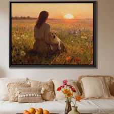 Pastoral Oil Painting Dog Labrador Framed Canvas Print Floral Dog Art Decor