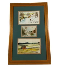 Original Watercolor Painting Triptych Winter Snow Boy Sled Autmn Fall Summer
