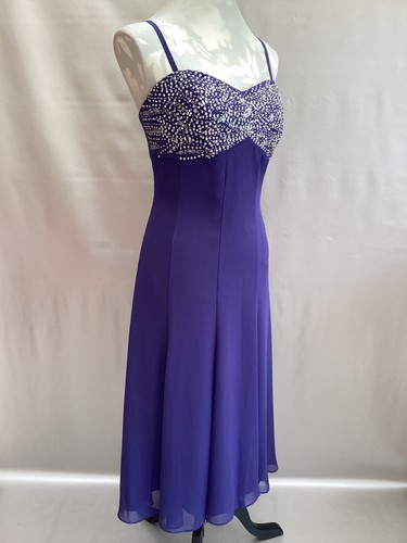 GORGEOUS GINA BACCONI PURPLE SEQUIN/BEADED CHIFFON MIDI EVENING DRESS SIZE 16 - Picture 5 of 17
