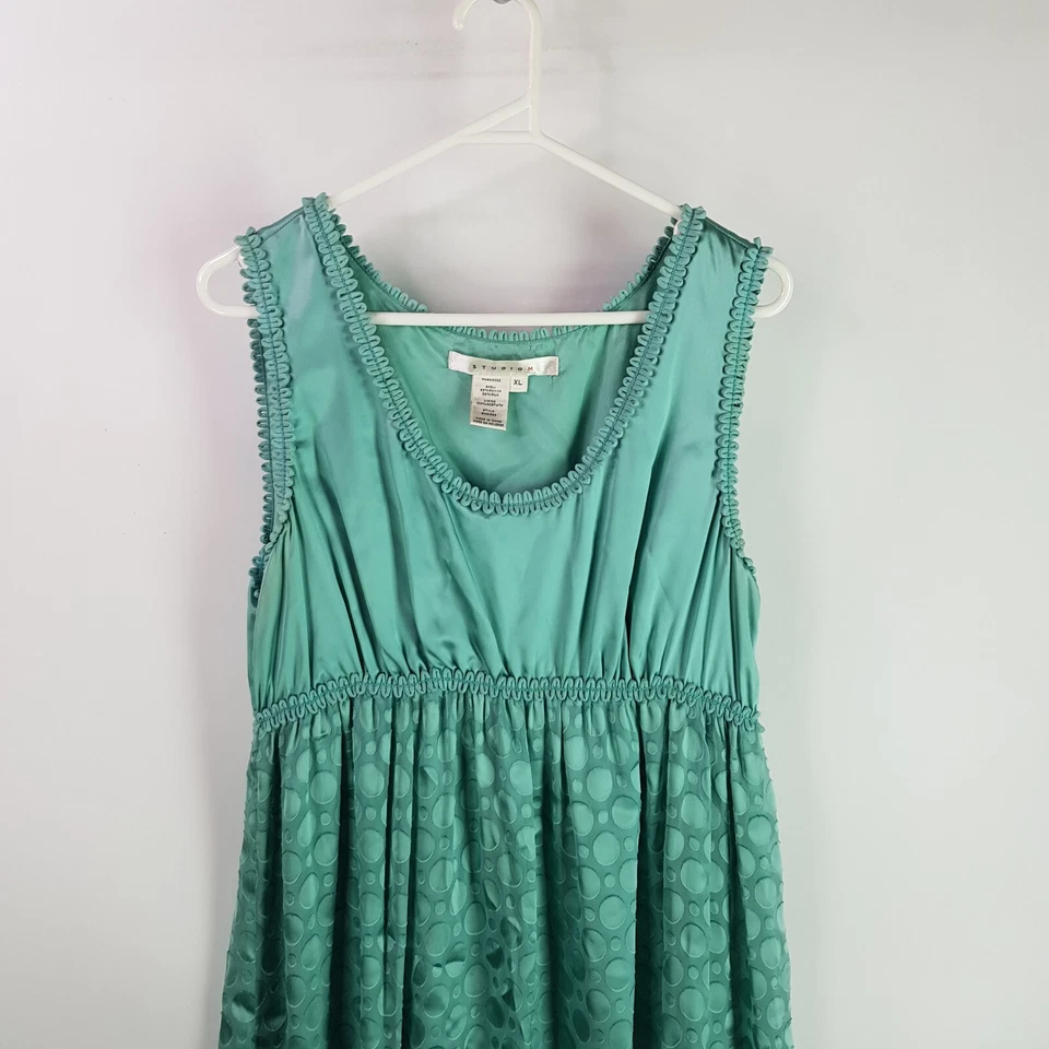 Studio M Silk Dress XL Green Circle Gathered Tiered Sleeveless Relaxed Foto 2 de 4