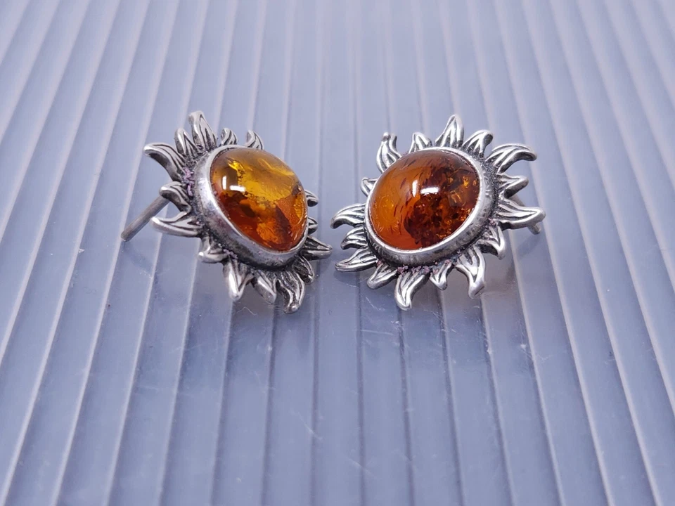 Pendientes perforados vintage de plata esterlina ámbar amarillo sol Foto 3 de 4